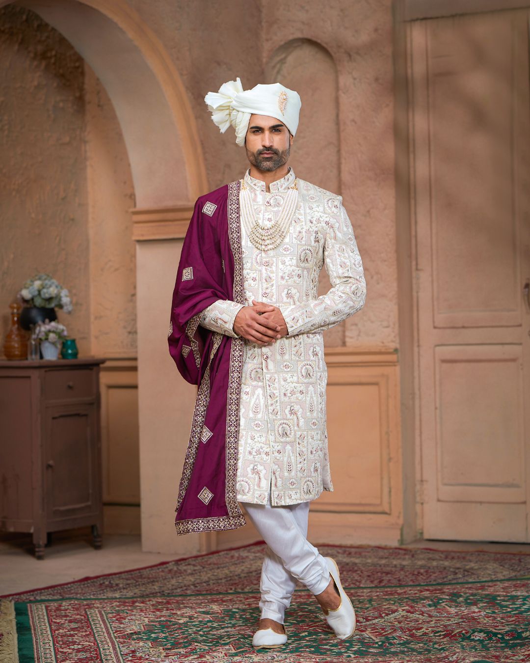 White and Pink Sherwani Set